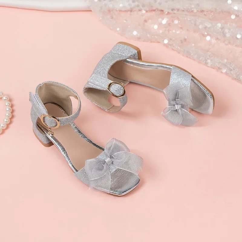 2026 Summer Kids Dress Sandals New Sweet Bowknot Girl Fashion Open-toe Sandals with Heels Sequins Children's Princess Sandals