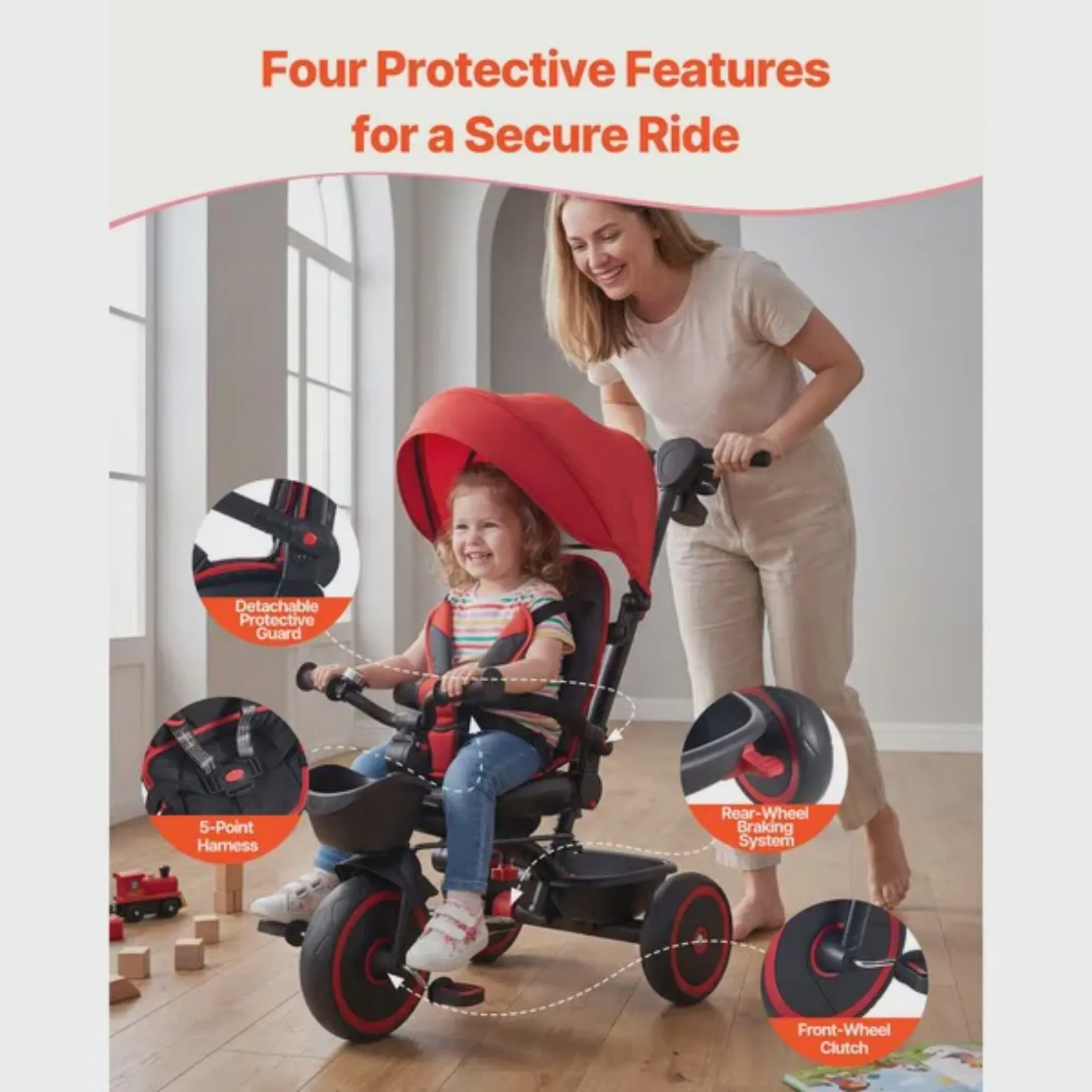 

Toddler Tricycle & Stroller for 1-5 Year Old 6-in-1 Kids Trike with Parent Push Handle Canopy Adjustable Seat and Storage Tricycle for Toddlers Birthday Toy for Boys and Girls Red/Black