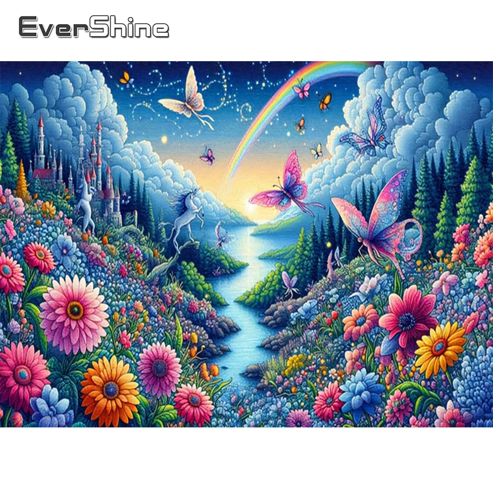 Evershine 5D-Diamant-Stickerei, Landschaft, volles Quadrat, Mosaik, Blume, DIY-Bastelset, Kunst, Malerei, Schmetterling, Heimdekoration