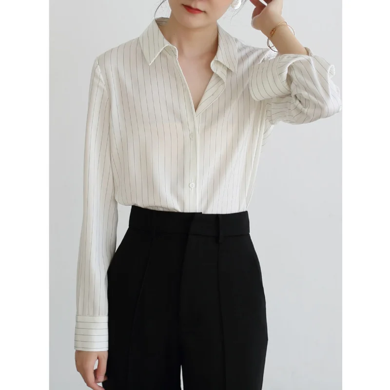 Korean Style Striped White Shirt Women Commuting Professional Long Sleeve Blouse Elegant Female Shirts Female Luxury Clothing