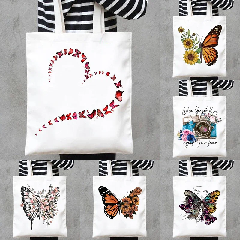 

Print Canvas Bags Shopper Handbags Shoulder Casual Shopping Plant Butterfly Trend Cute 90s Girls Women Fashion Tote Bag