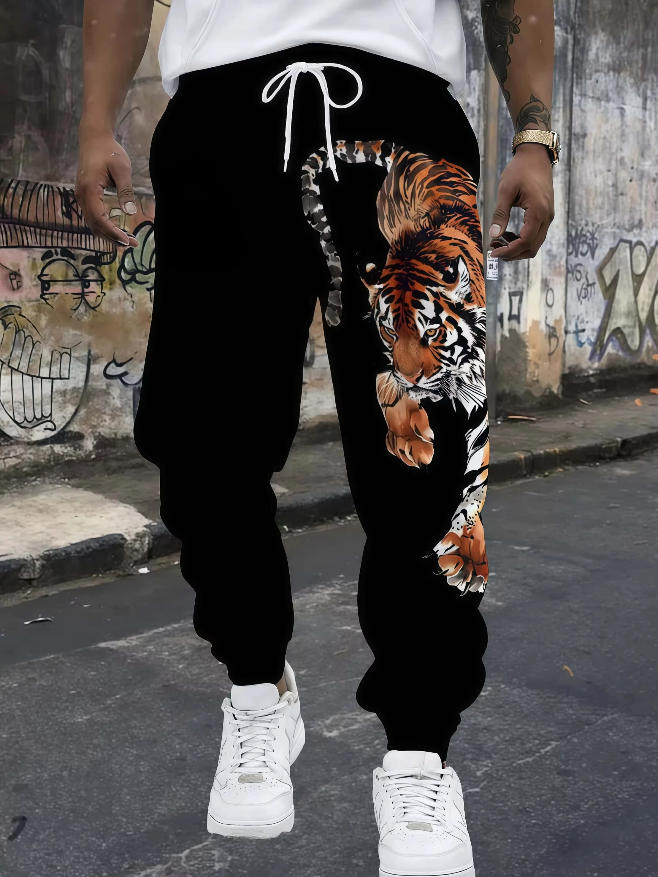 Unisex Quick Dry Straight Long Pants Hip Hop Streetwear Trousers, 3D Tiger Animal Print Elastic Waist Drawstring Sweatpants