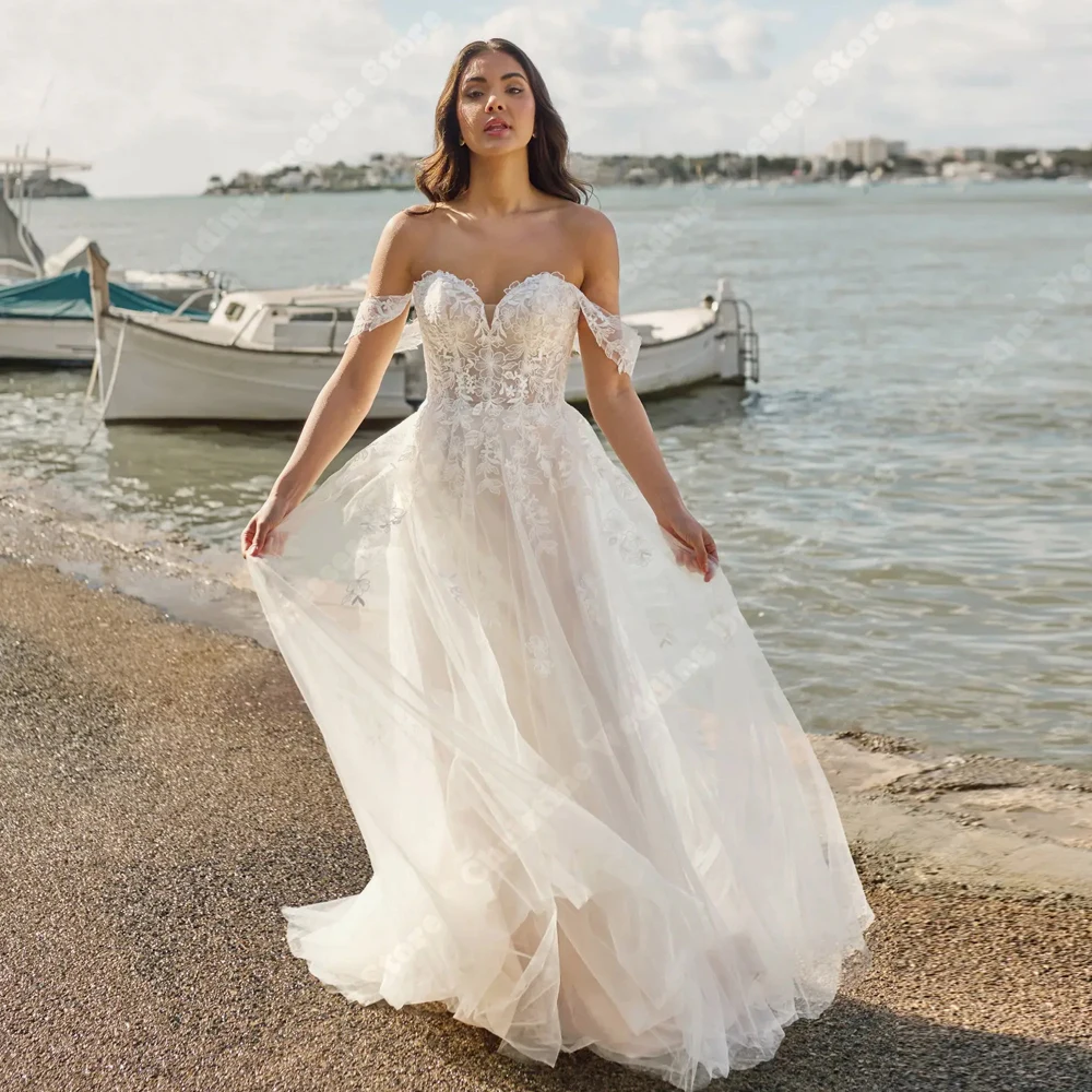 

Sweetheart Collar Women Wedding Dresses Off The Shoulder Sleeveless Bridal Gowns Mopping Length Lace Appliques Robes Customized