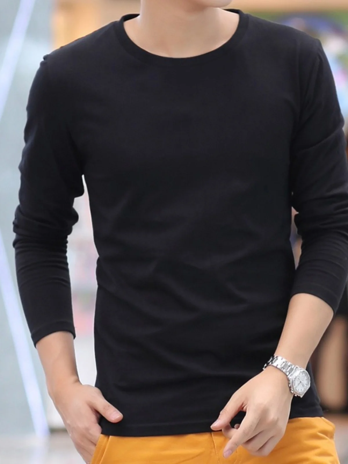 

High-End Men's Long Sve round Ne Slim Fit Base Layer irt Lightweight Pure Color White T-irt for Autumn And Spring