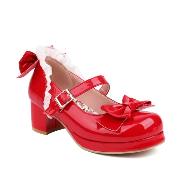 Butterfly-knot Mary Janes Patent Leather Block Med Heel Pumps for Women Rockabilly Shoes Lolita Fashion Vintages Maid Cosplay