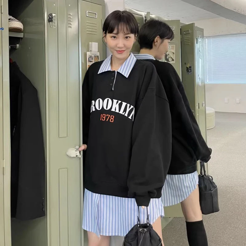 Korejpaa Korean Fashion Sweatshirts Women Autumn Turn-down Collar Splicing Fake Two Piece Casual Letter Printed Pull Hoodie