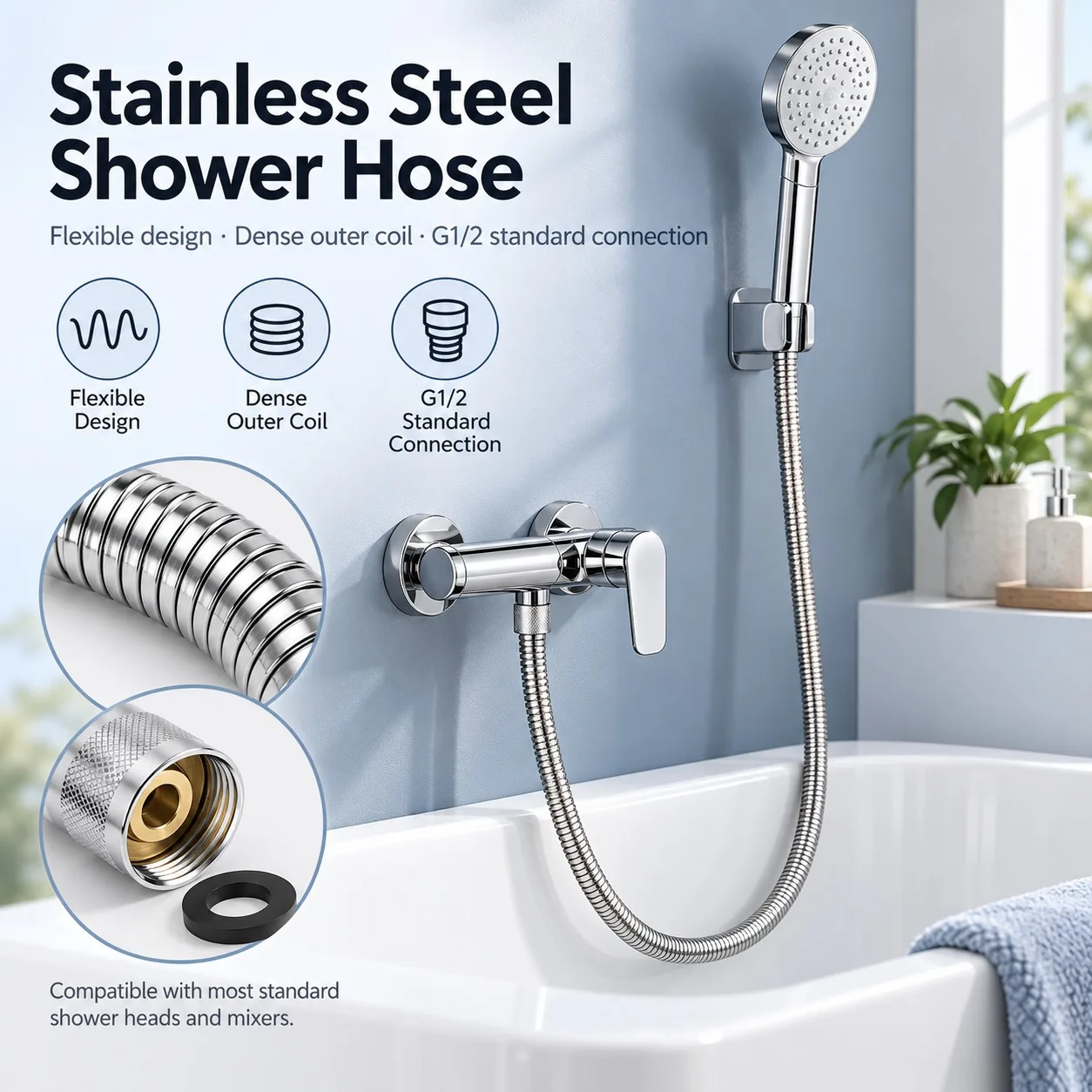Universal Stainless Steel Shower Hose G1/2 Connector Pipe for Hand Shower Bidet Sprayer Anti-Kink Design
