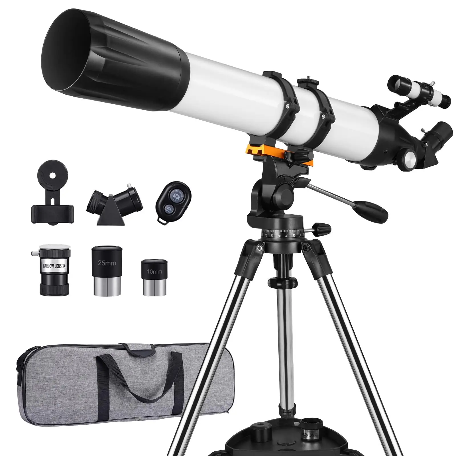 90mm Aperture 800mm High Powered Refractor Telescope for Astronomy Beginners with Stainless Steel Tripod Phone Adapter Carry Bag