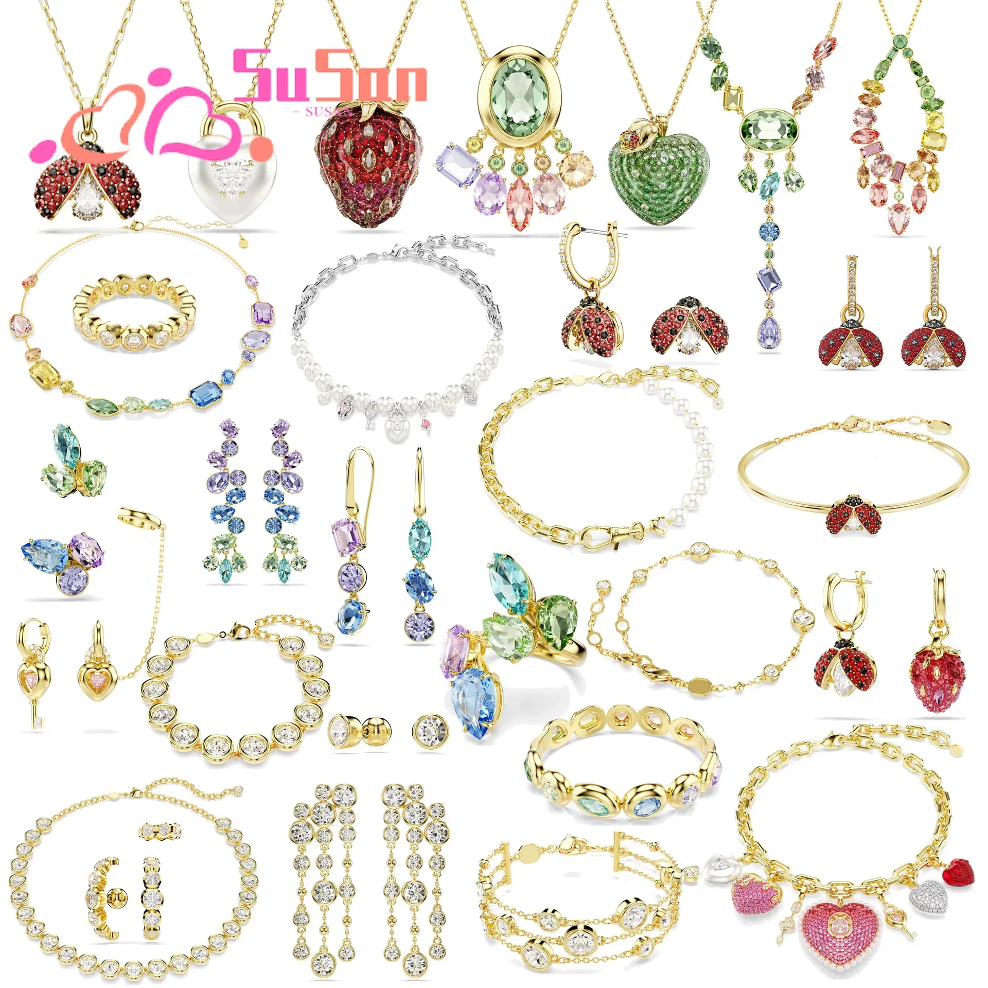 Top selling quality Fine Anniversary Jewelry Set Pink Heart Shaped Flower Pendant Crystal Luxury Women Necklace Earrings