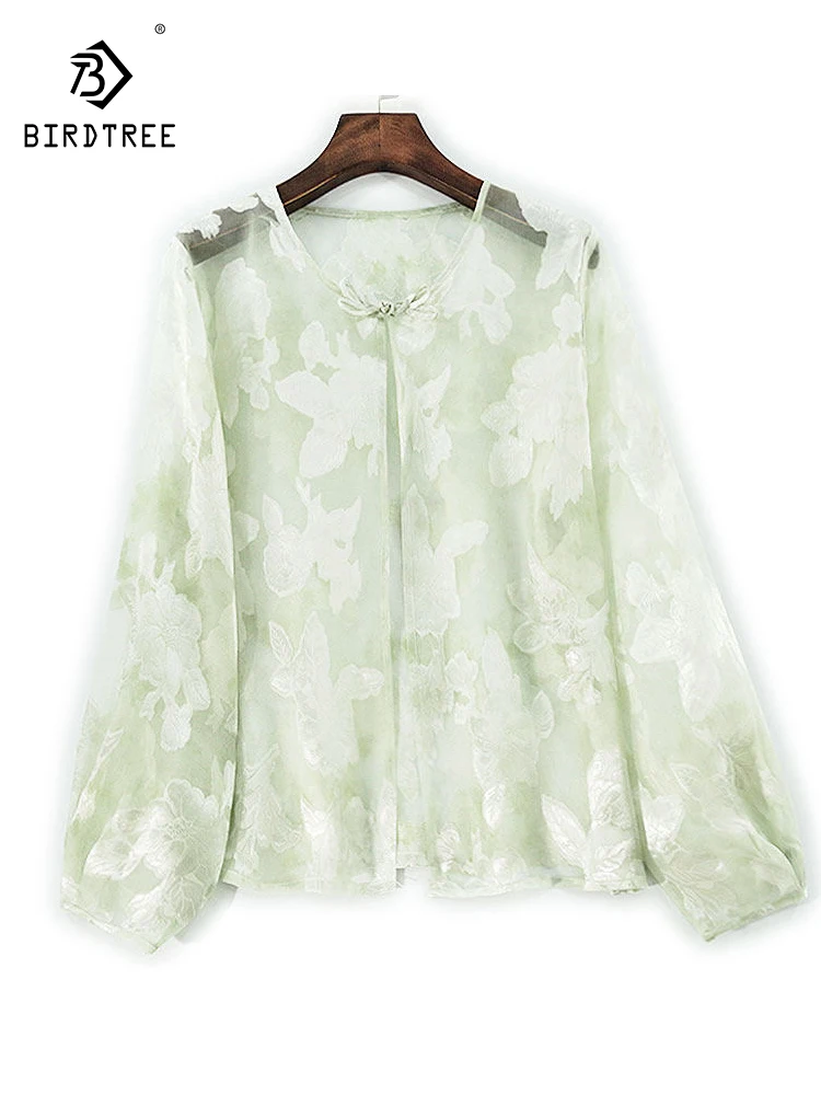 

Элегантное пальто из шелковой органзы BirdTree, с цветочным принтом и круглым вырезом, женская свободная солнцезащитная одежда для пляжного отдыха, новинка весны 2026, C5D989CC