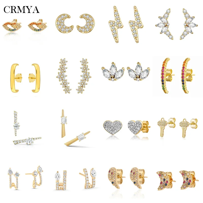 CRMYA Gold color Stud Earrings For Women Vintage Piercing Colorful CZ Zircon Climber Earrings 2022 Jewelry Wholesale