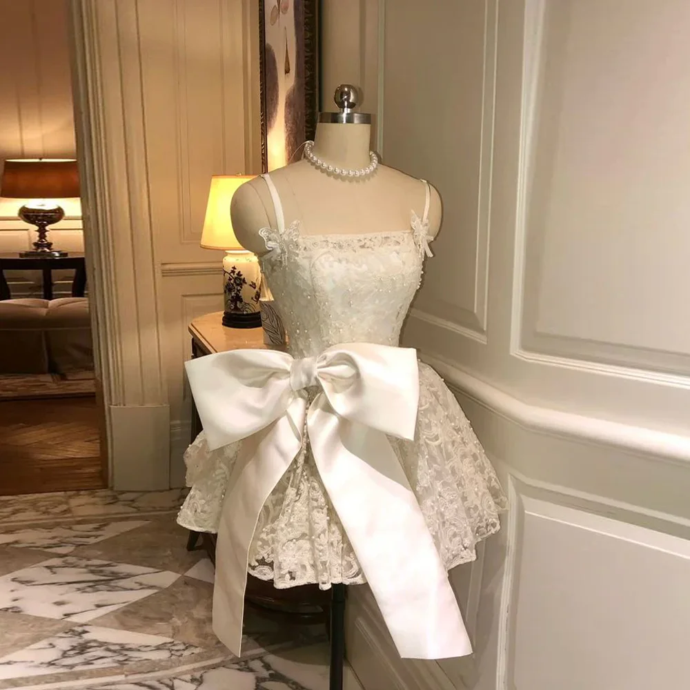 

Beautiful Lace A-line Short Women Formal Dresses With Cute Bow Square Neckline Princess Mini Dress Bridal Dress