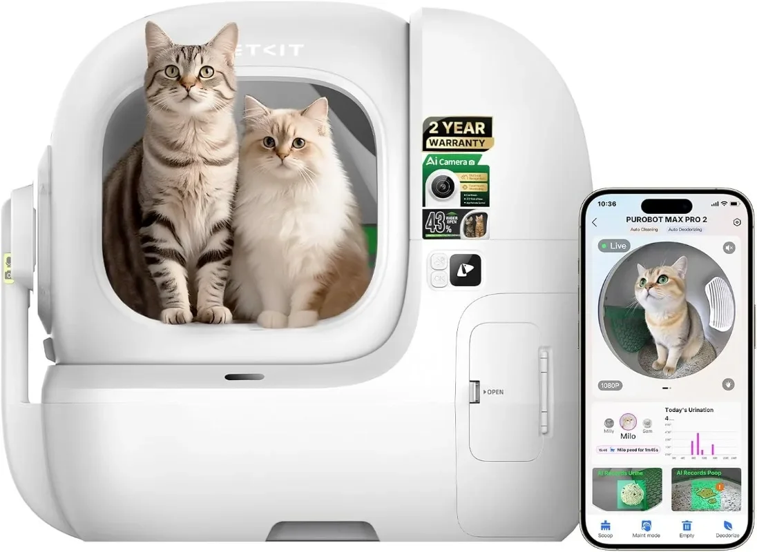 

PETKIT Purobot Max Pro 2 AI-Camera Self Cleaning Cat Litter Box, Extra Large Opening 210° Wide Angle Lens Cat Facial Recognition