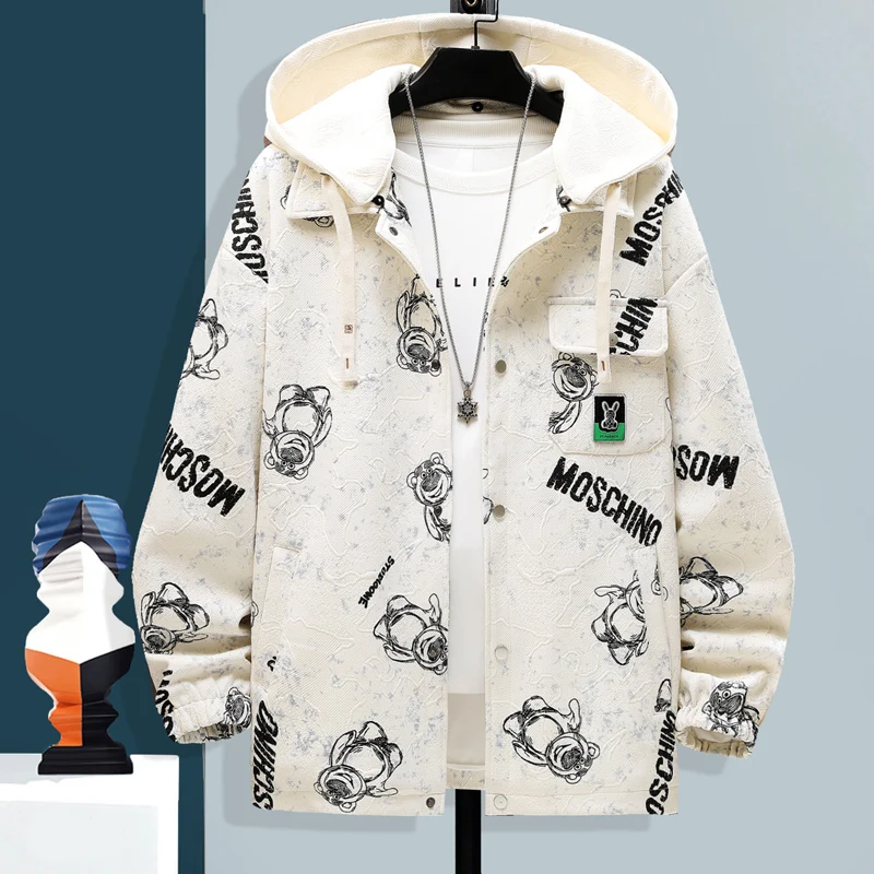 

Trendy Bear Jaet for Teenage Boys Detachable Hood Casual Autumn Wear Polyester Fabric Loose Fit Long Sve Anti-Wrinkle