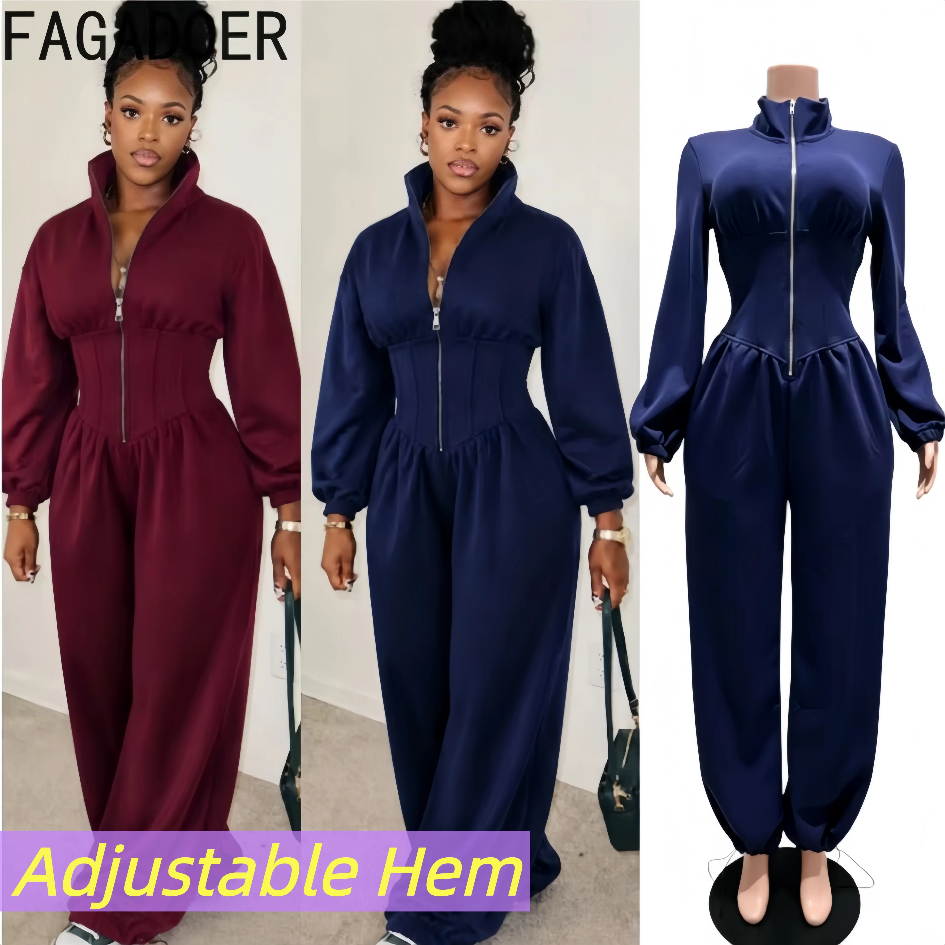 FAGADOER Women Waist Cinched Wide Leg Jumpsuit Long Sleeve Zip Up Adjustable Hem Casual Streetwear Slim Fit One Piece Outfit New