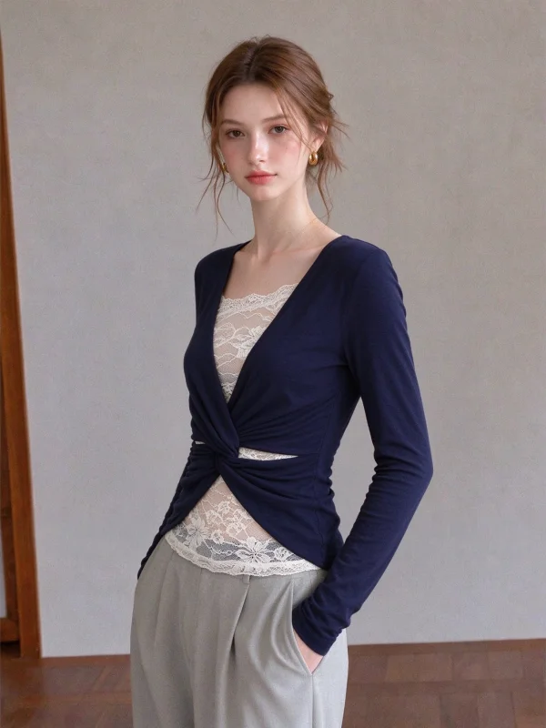 Elegant Korean Style Long Sleeve Lace T-Shirt Women's Autumn Waist Cinching Unique Top Not Mass Produced Breathable Casual Wear
