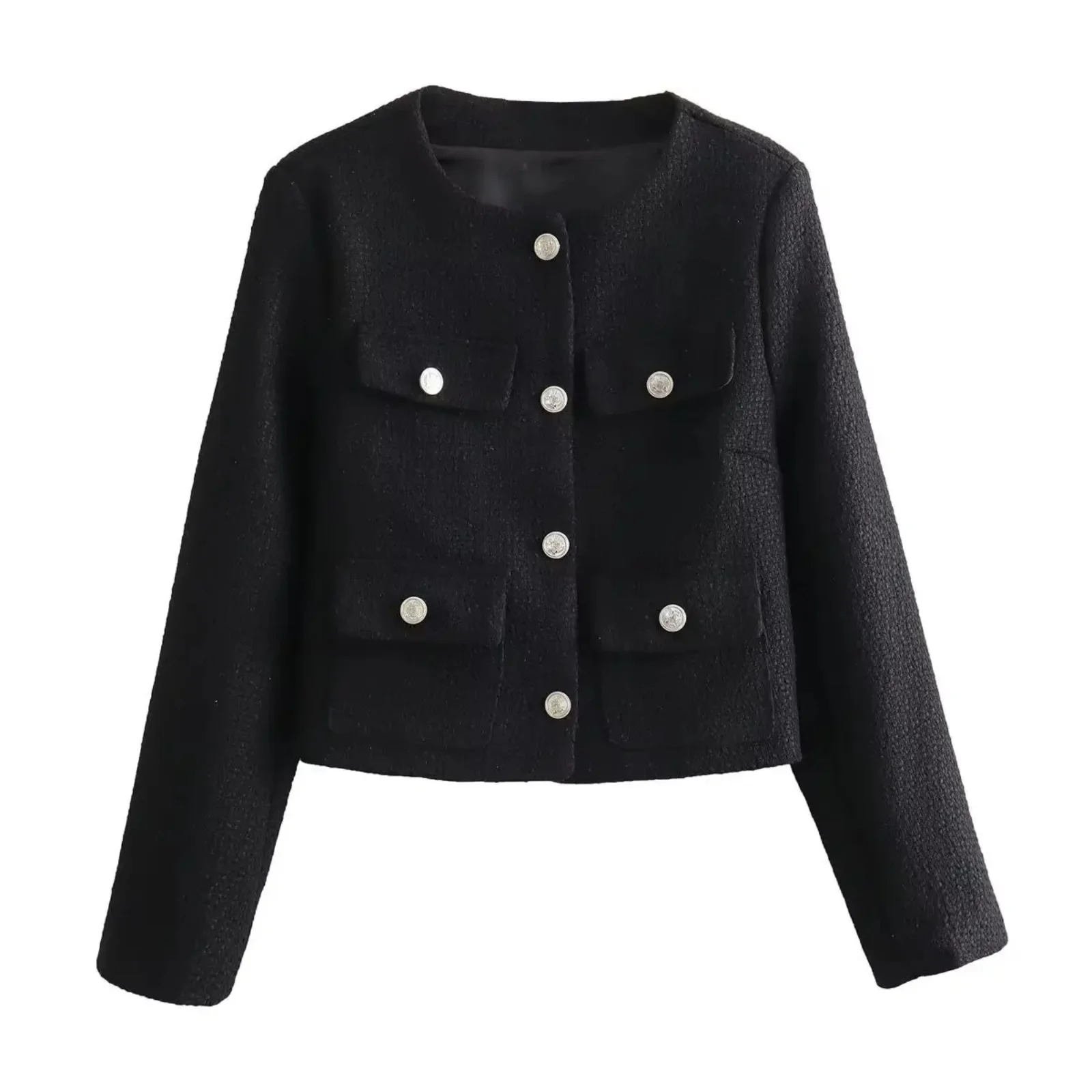 BSAY Women Fashion Spring New Flip Pocket Jacket  Single-breasted Crewneck Tweed Short Coats Chic Ladies Tops Mujer