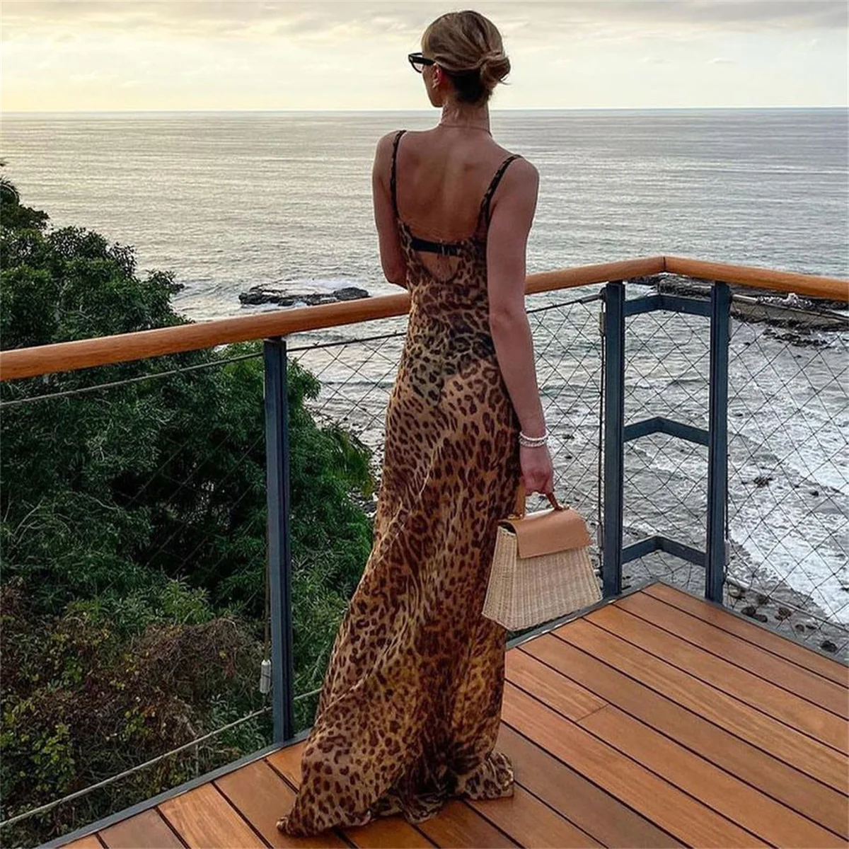 Leopard Print V-Neck Sexy Bodycon Long Dress Women Lace Up Backless Summer Dresses Female Straps Nightclub Party Beach Vestidos