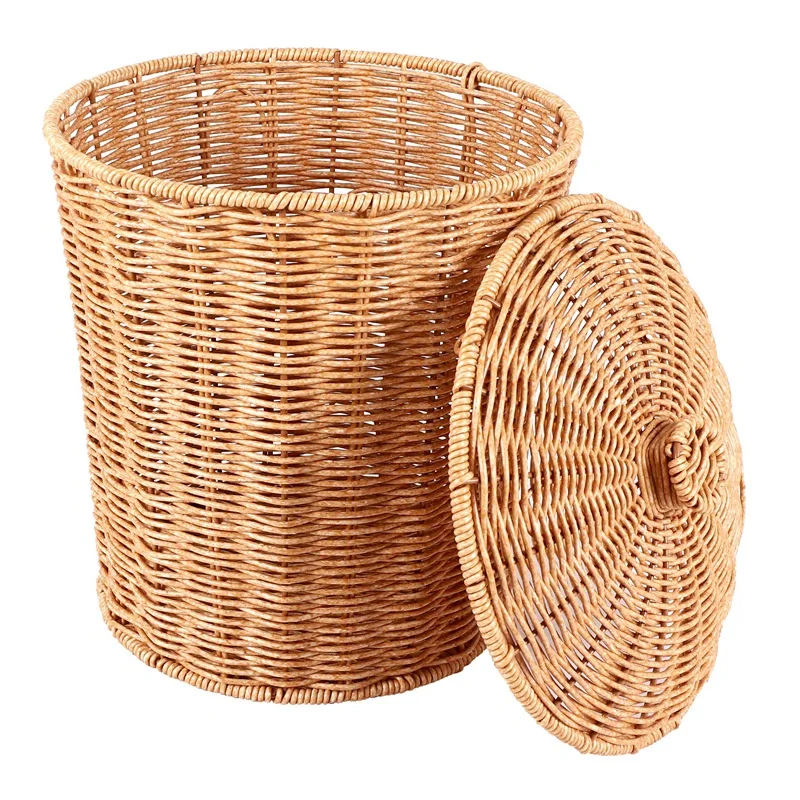 Woven Basket Trash Can Round Rattan Waste Basket with Lid Planter Storage Baskets Wicker Wastebasket Garbage Bin