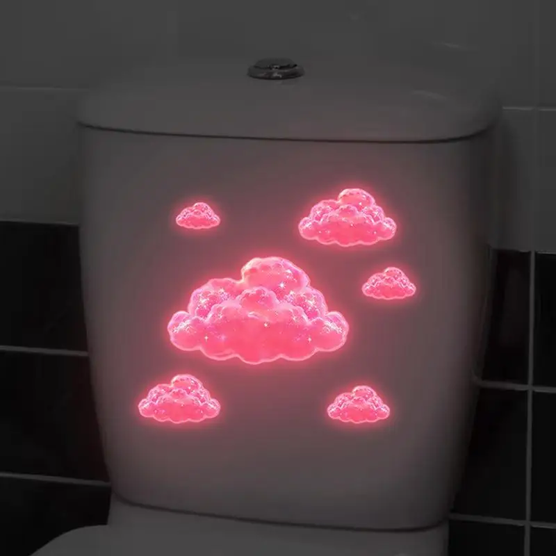 【S】Glow-in-the-Dark Pink Clouds Toilet Sticker Self-Adhesive Removable Wall Decals Luminous Whimsical Home Decor Car Sticker