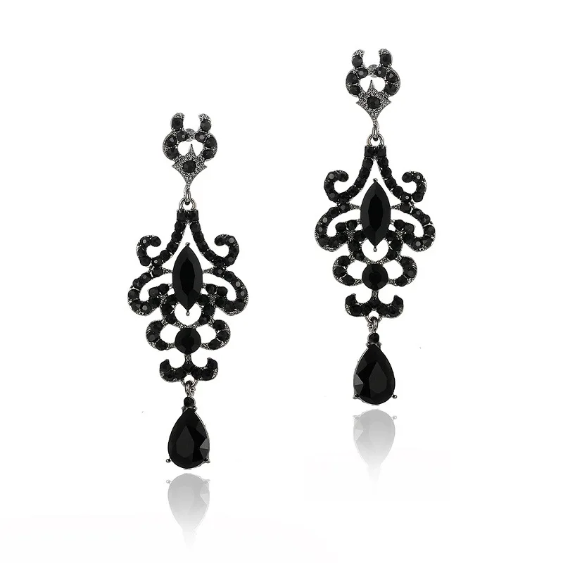 Prom Pageant Jewelry Art Deco Accessories Long Black Gothic Chandelier Rhinestone Crystal Dangle Drop Earrings for Women