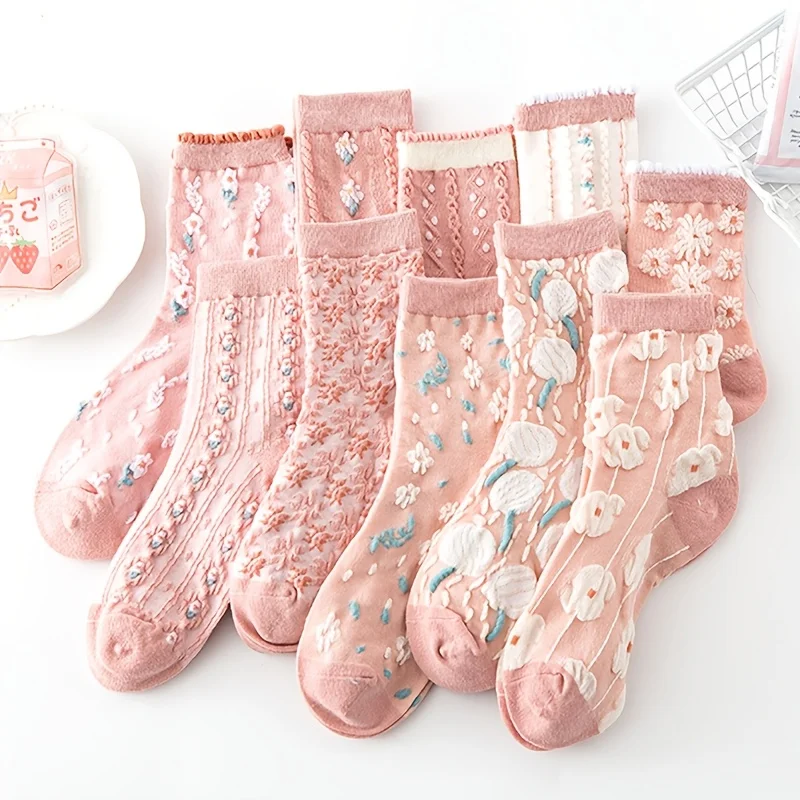 5 pairs of ladies' palace style pink three-dimensional relief flower print long socks