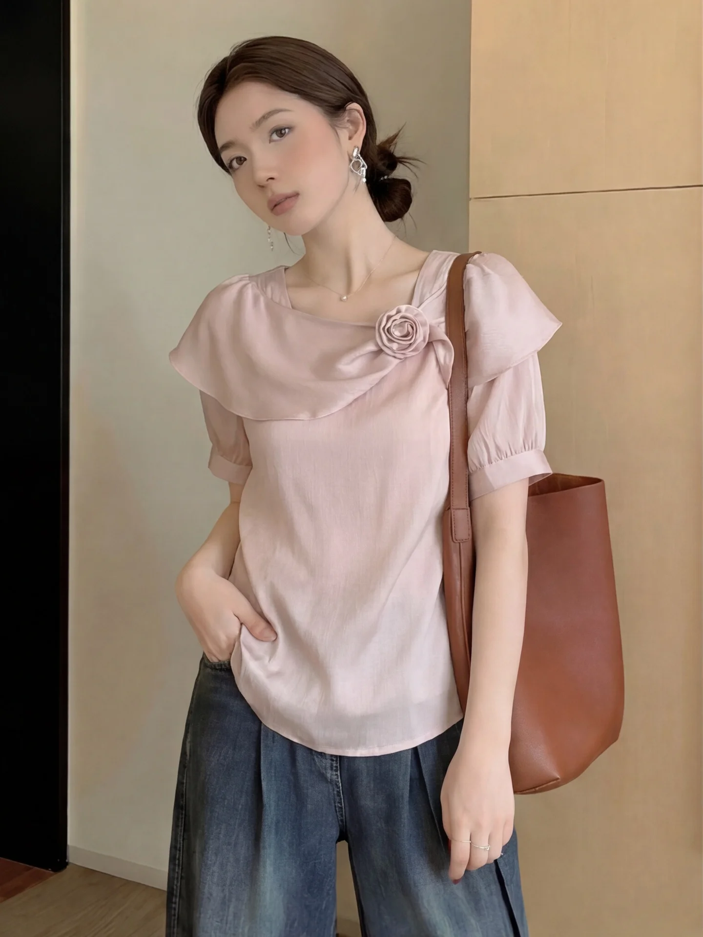 

Elegant Short Sleeve Acetate Satin Blouse Women's Summer Beautiful Floral Slant Collar Shirt Korean Style Citywalk Top