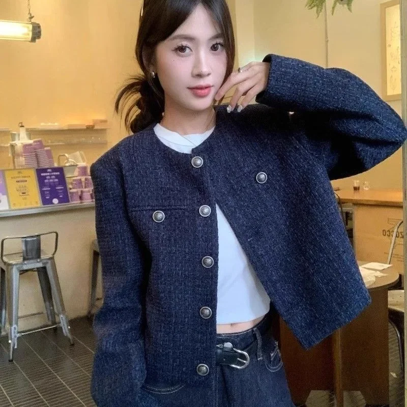 

Chic Korean Style Short Quilted Jacket Women's Casual Autumn Fashion Dark Blue Top Comfortable Polyester Fabric