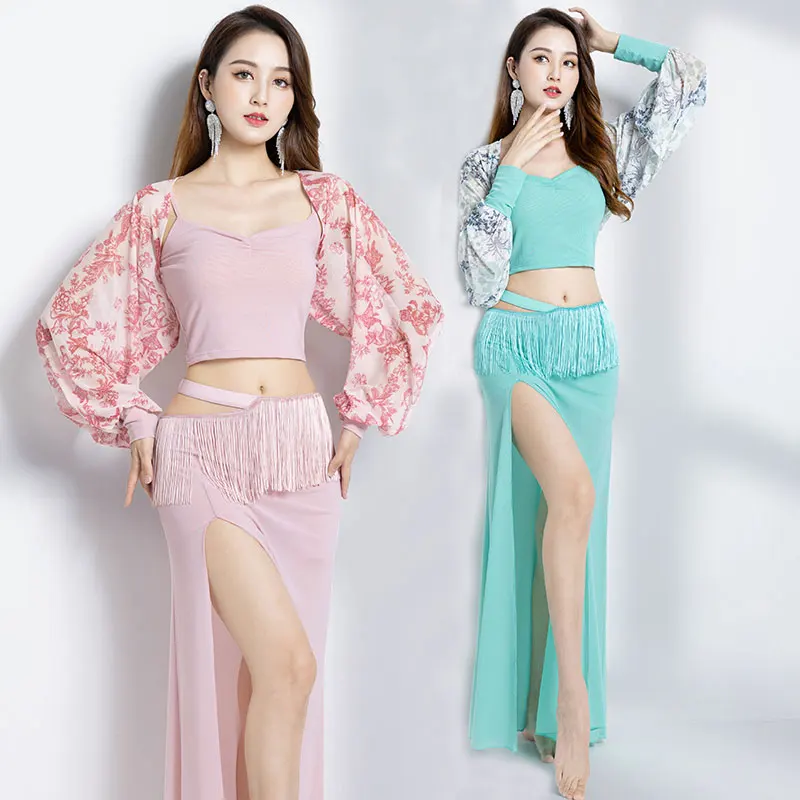 

Belly Dance Costume Set Women Oriental Practice Wear Professional Bellydance Top Solid Color Split Long Skirt Set Outfit Clothes