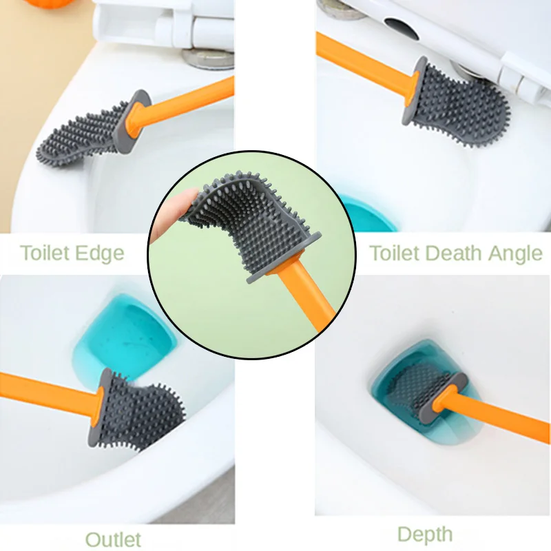 Long Handle Silicone Flat Toilet Brush with Shell Shape Holder Dead Corner Cleaning Punchless Bathroom Accesories Sets Tools