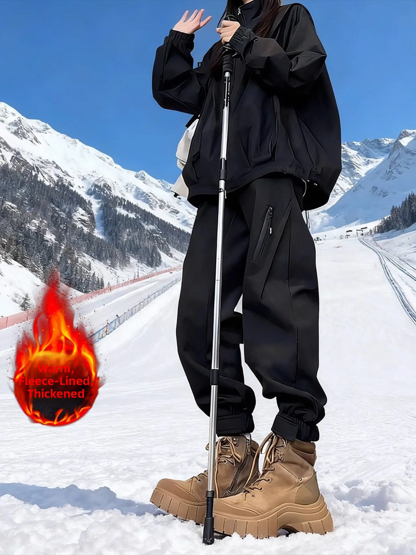 

Waterproof Fce Lined Thiened Outdoor Ski Pants Men's Casual Straight Leg Trousers with ket Low Waist Rope Bule