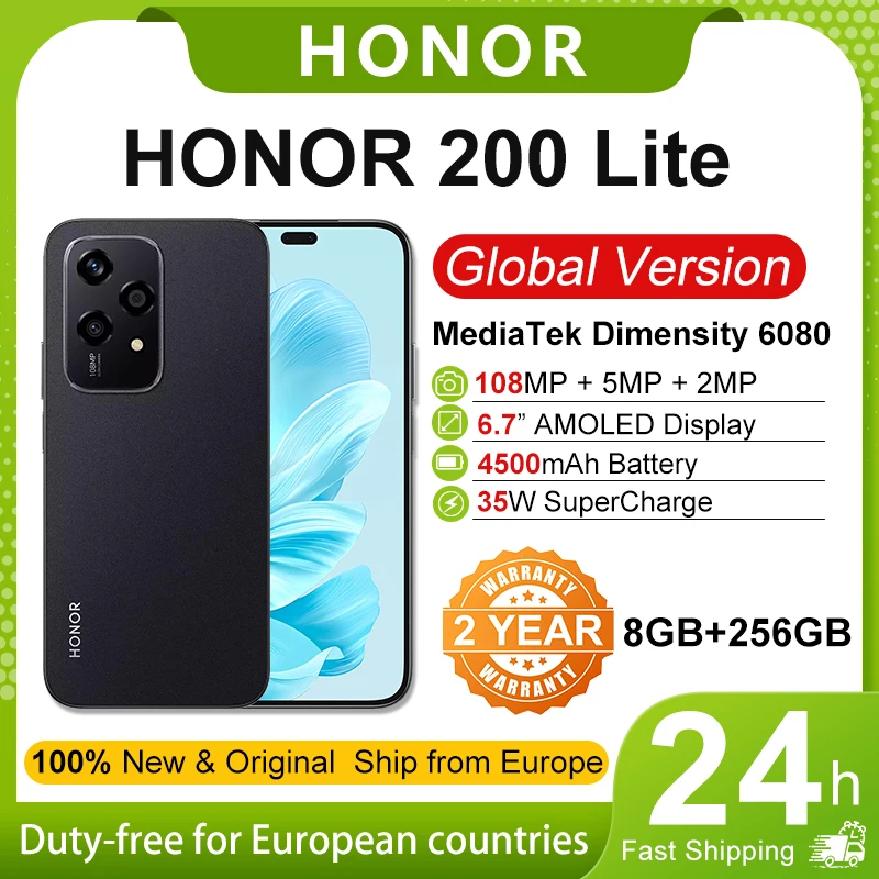 Nueva versión Global HONOR 200 Lite 5G Smartphone MediaTek Dimensity 6080 108MP Cámara principal 4500mAh Batería Pantalla AMOLED de 6,7"