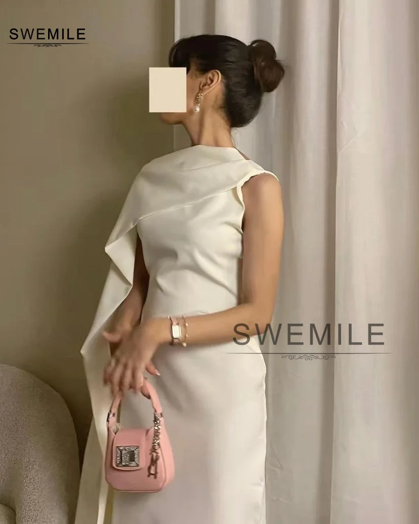 SWEMILE Saudi Arabric One Shoulder Prom Dresses Formal Simple Dubai Prom Gowns For Women 2024 Ivory Crepe Long Evening Dresses