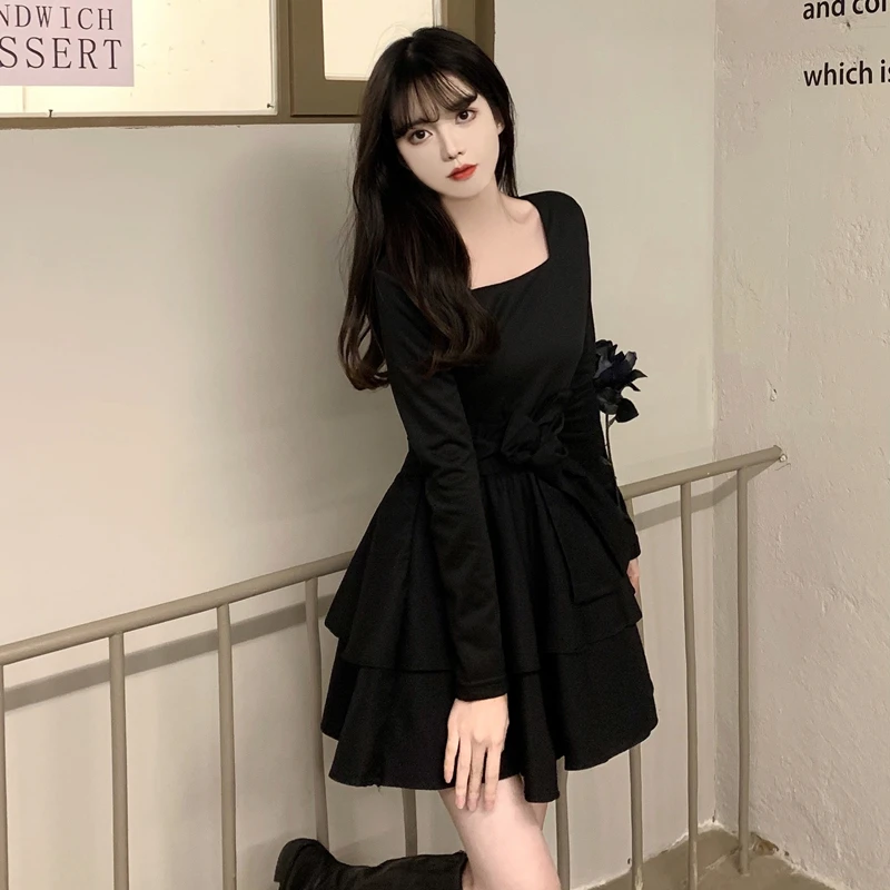 

Women Vintage Design Square Neck Long Sleeve Mini Ready-to-wear Dresses Female 2026 Spring New Lace-up Little Black Dress