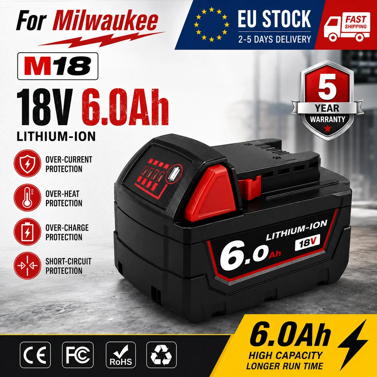 Batterie lithium haute capacité 18V 6.0Ah 18650 compatible avec Milwaukee M18 48-11-1860 / 48-11-1850 / 48-11-1840 - Livraison depuis l'entrepôt européen