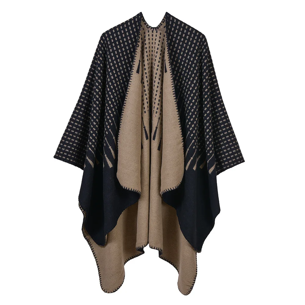 

European American Street Women's Simple Tassel Pattern Jacquard Split Two Sides Versatile Fashion Cashmere Shawl Cape Poncho P3