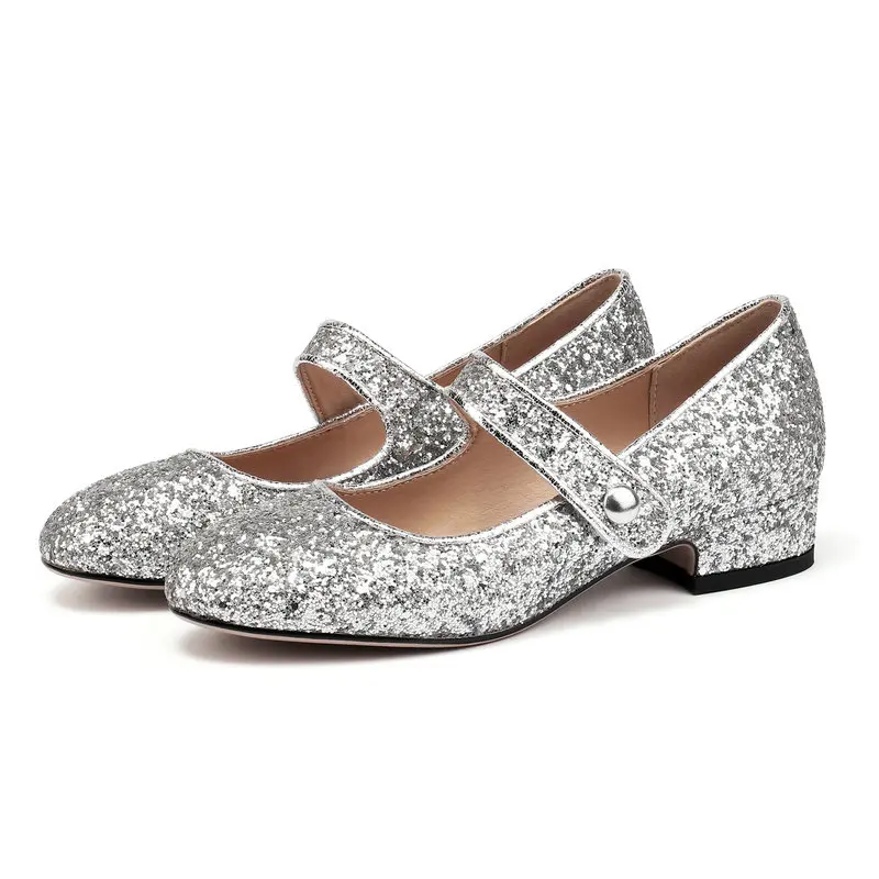 

Блестящие женские туфли-лодочки Мэри Джейн с блестками золотого и серебряного цвета с круглым носком, блестящие квадратные туфли на массивном низком каблуке, блестящие весенне-осенние туфли