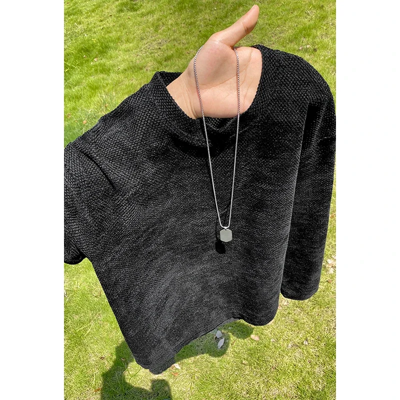 Mens Oversized Crew Neck Pullover Long Sleeve Washed Dye Textured Knit Relaxed Silhouette For Outdoor Leisure Outfit