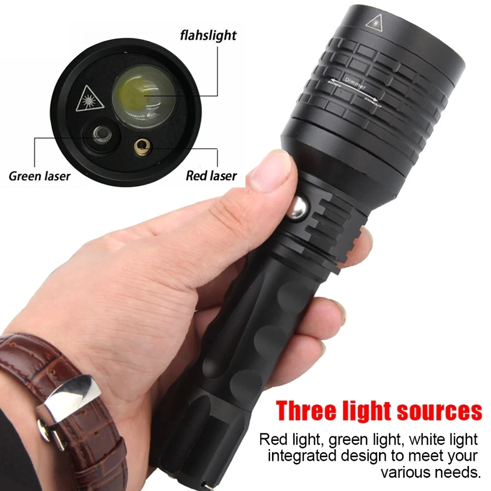 New 3 in 1 White Zoomable Hunting Flashlight Green&Red Laser Pointers Spotlight 3 Light Source Laser Flashlight Hunting Optics