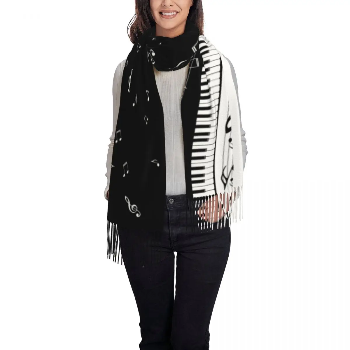 Custom Piano Keyboard Musical Notes Tassel Scarf Women Soft Shawl Wrap Female Winter Scarves