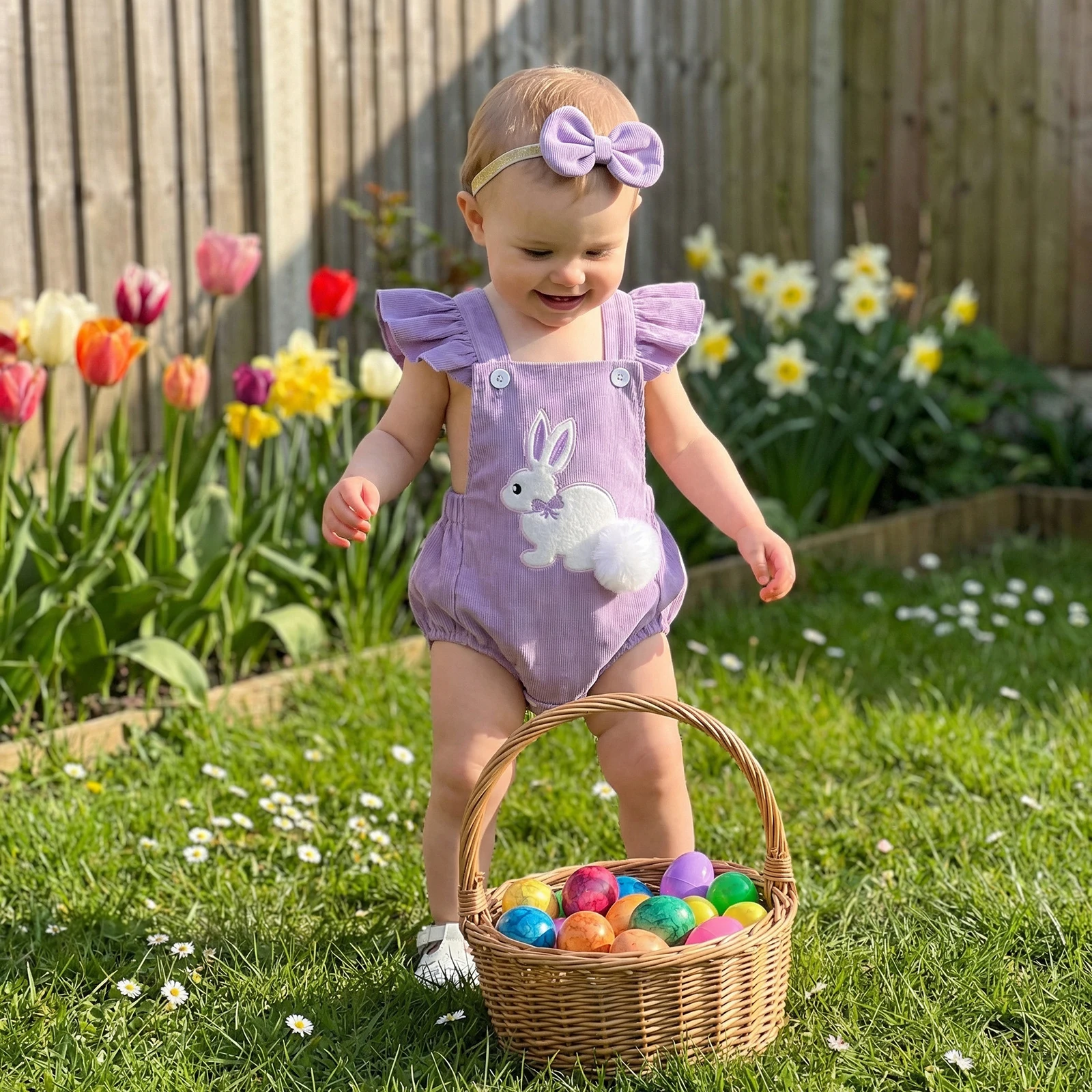 Baby Girl Easter Romper Outfits Bunny Applique Flying Sleeve Square Neck Romper and Bow Headband 2Pcs Set