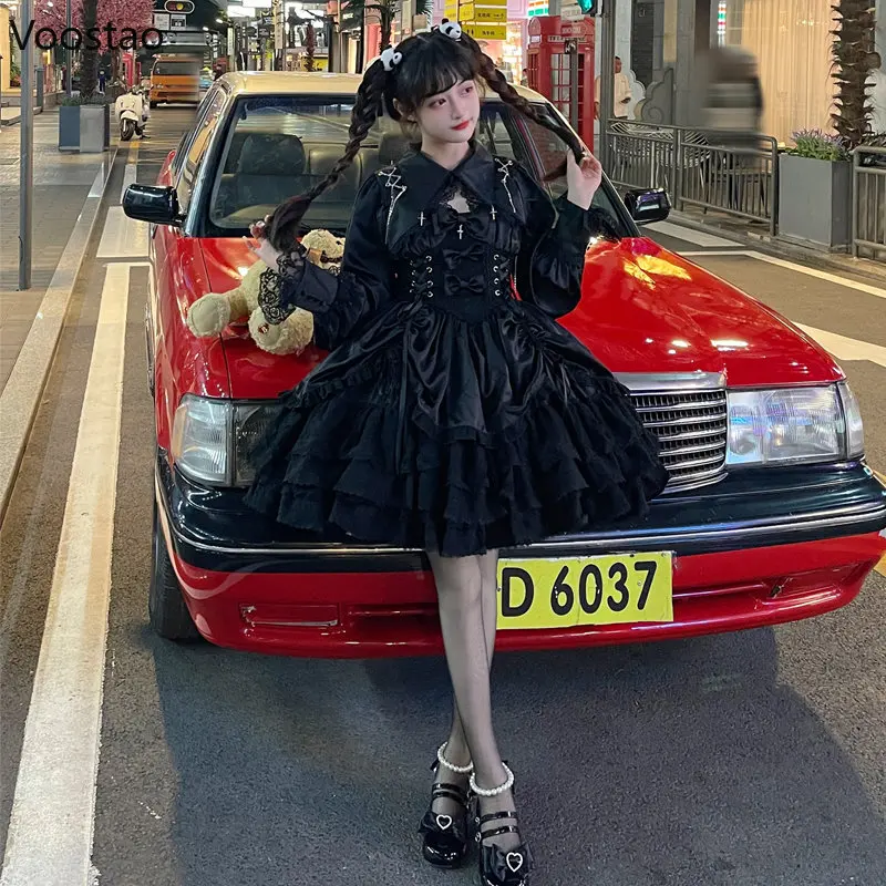 Sukienka Gothic Lolita w stylu Vintage kobiety wiktoriański Punk Slim bandaż sukienki księżniczki na przyjęcie dziewczynki urocza metalowy krzyż sukienka wieczorowa z kokardką