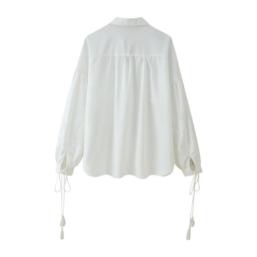 レディース綿麻タッセルレースアップ刺繍シャツ、刺繍カジュアルパンツ、万能