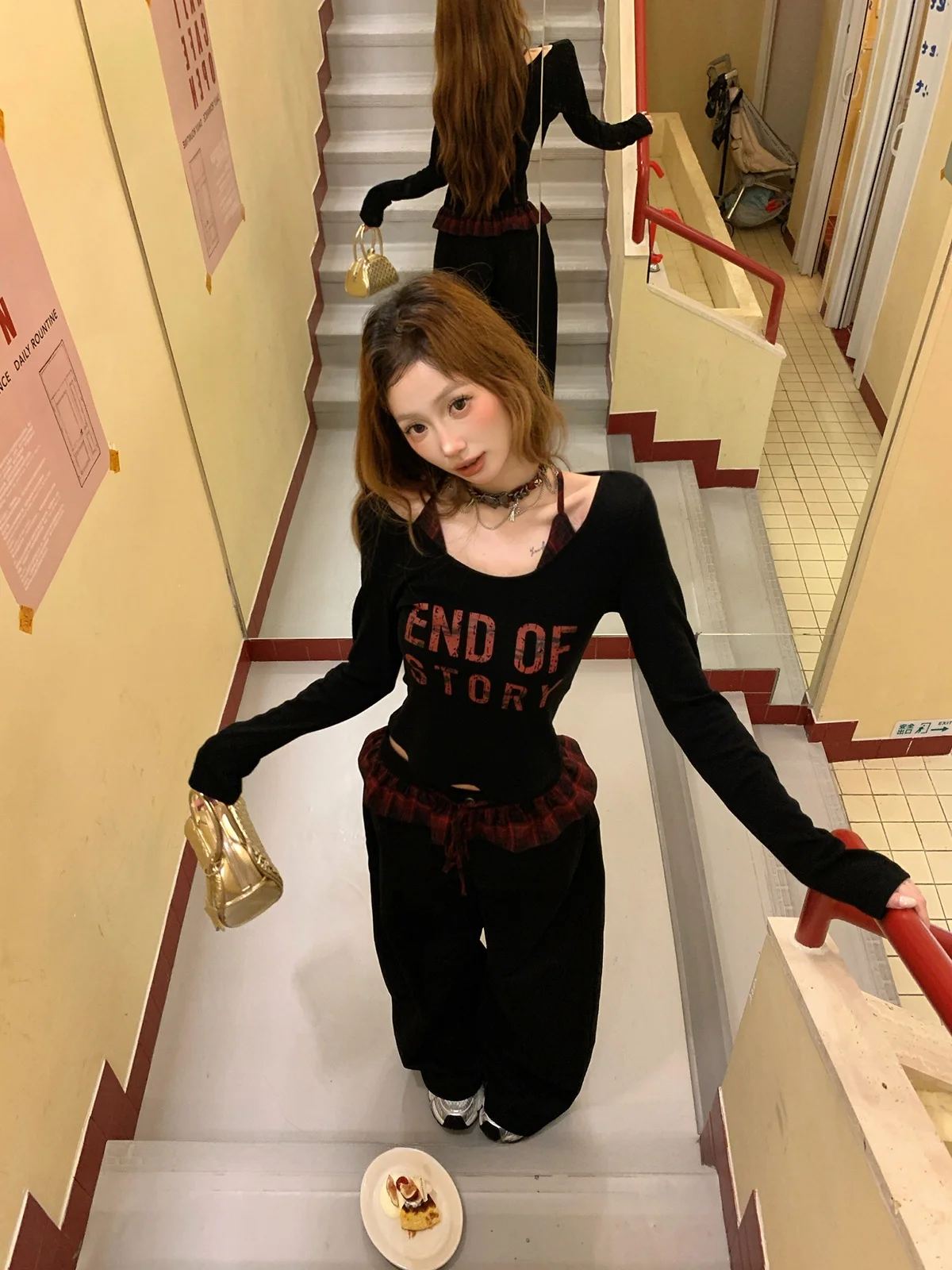 

Комплект ChocoBerry Punk Trend: повседневная футболка с длинными рукавами в стиле пэчворк и клетчатые длинные брюки, женская модная одежда для осени и весны