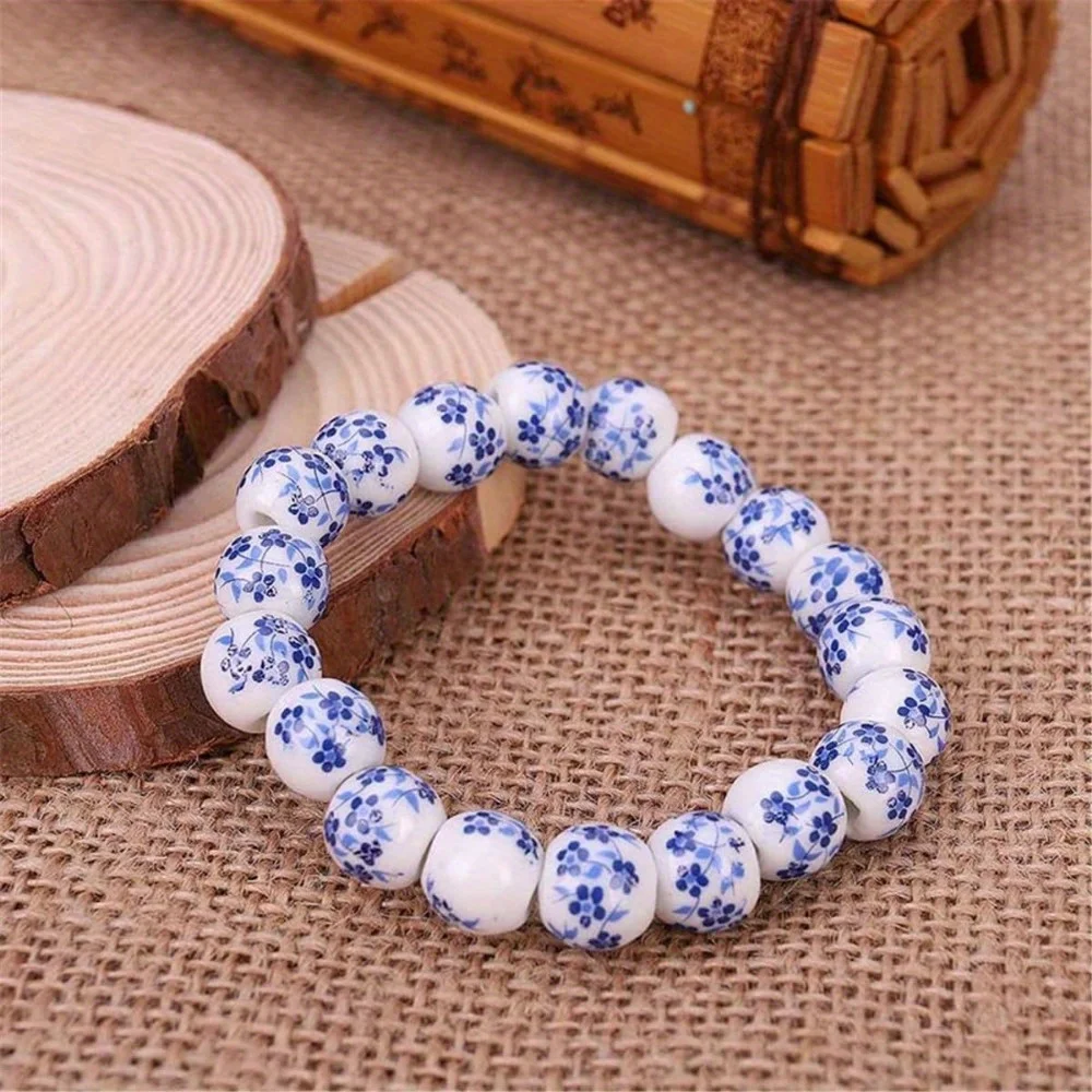 Chinese Style Ladies/men\'s Porcelain Bead Bracelet Retro Style Blue and White Porcelain Ceramic Stretch Wrist Bracelet