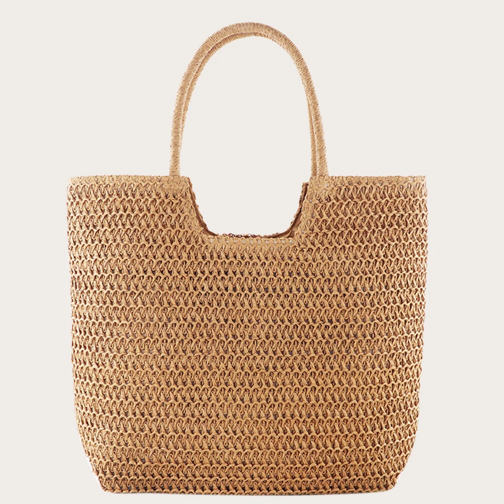 

Women Straw Tote Handbag Large Capacity Vintage Shoulder Bag Zipper Closure Crochet Beach Handbag Ladies Summer Daily Bag