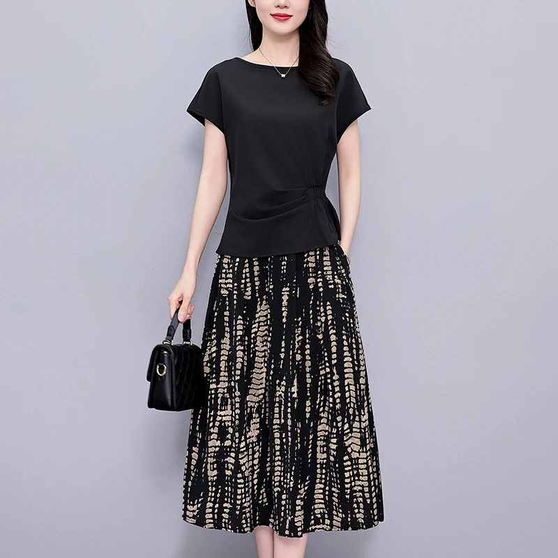 

Elegant Two-Piece Set Short Sleeve Top Half-length Skirt Women's Fashion Slimming Stylish Summer Outfit Cotton Polyester Blend