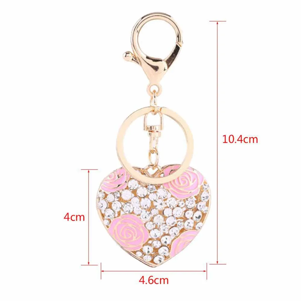 Heart Shape Rose Keychain Valentine Gift Rhinestone Crystal Keyring Car Key Chain Women Men Bag Pendant Hanging Decoration