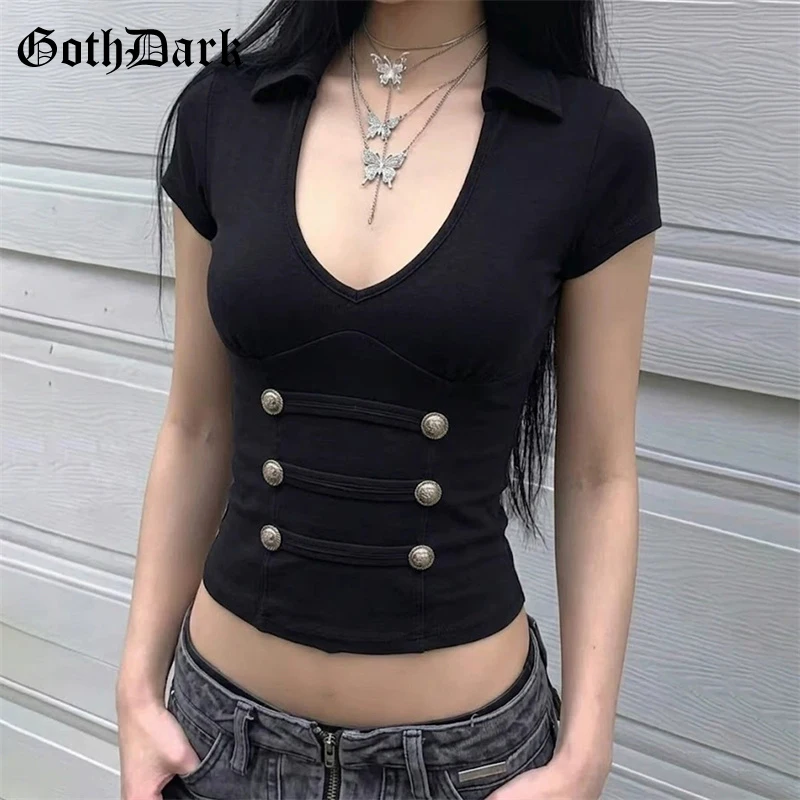 Goth Dark Double-breasted Design Short Sleeve Skinny T-shirts Mall Gothic V-neck Crop Tops Women Teachwear Y2K Punk Chic T-shirt
