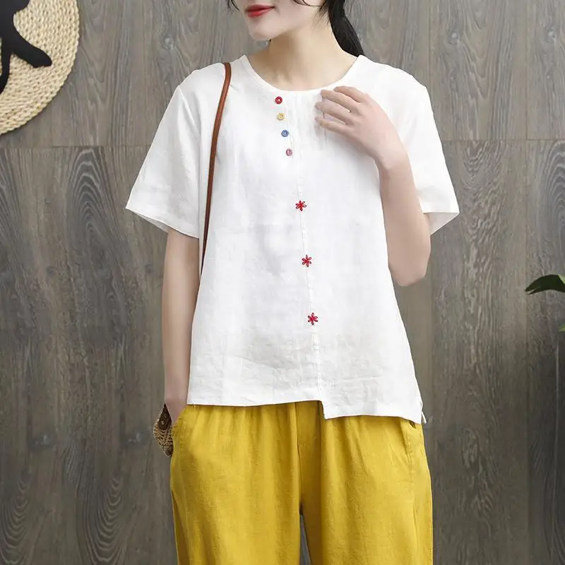 Cotton Linen Summer Blouses Woman Elegant Blouse Top Female Vintage Clothing Short sleeve Casual Tee Shirt Ladies 2023